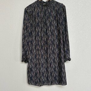 Ann Taylor Deep Navy/Charcoal Tan Floral Smocked Neck Long Sleeve Dress 6